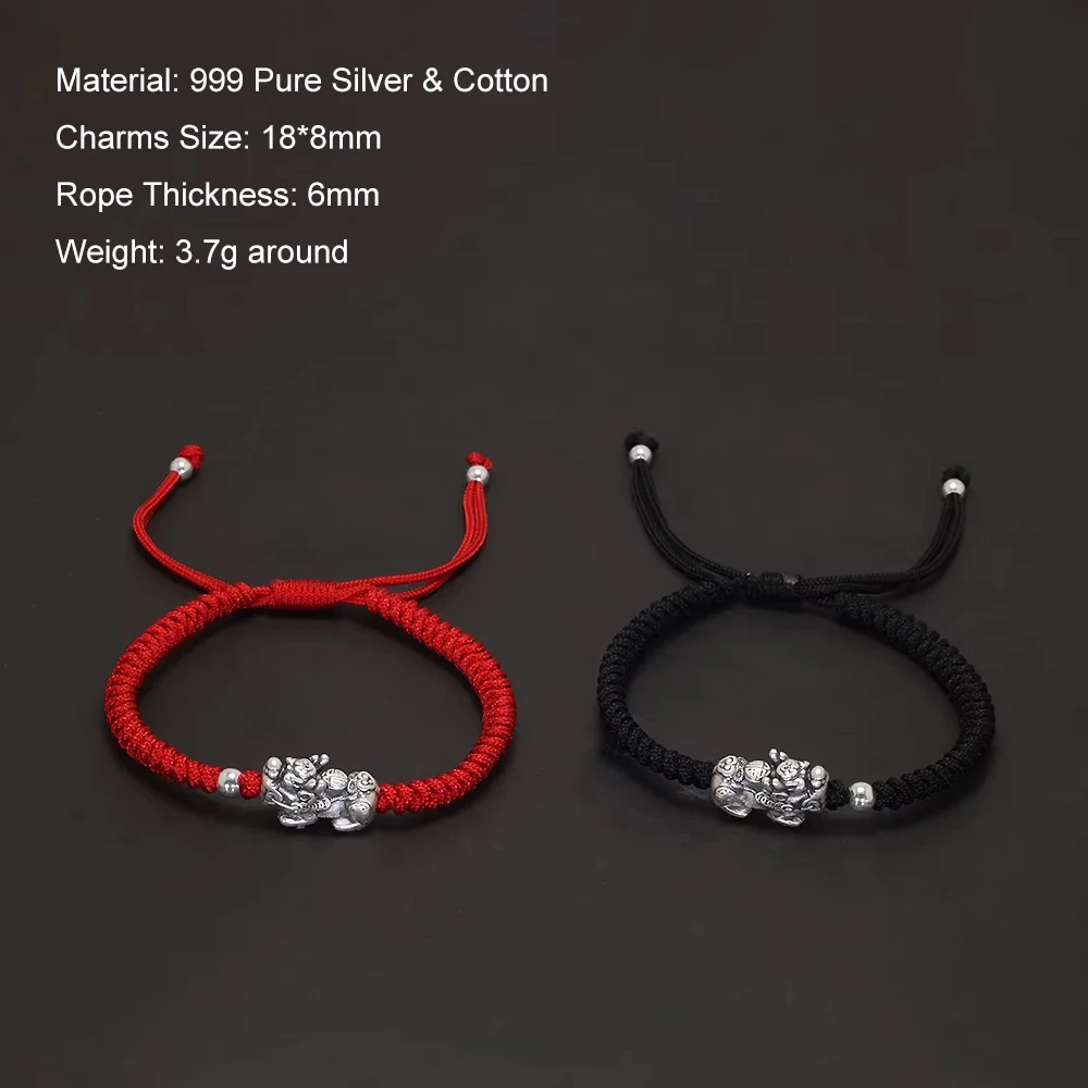 Handmade 999 Pure Silver Feng Shui Pixiu Charms Rope Braided Bracelet Good Luck Wealth Unisex Wristband Friendship Jewelry Gift