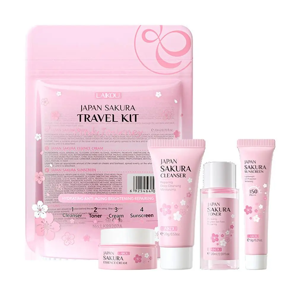 4pcs/Bag Sakura Skin Care Sets Facial Cleanser Face Face Toner Sunscreen Moisturizing Smoothing Nourishing Skincare Product