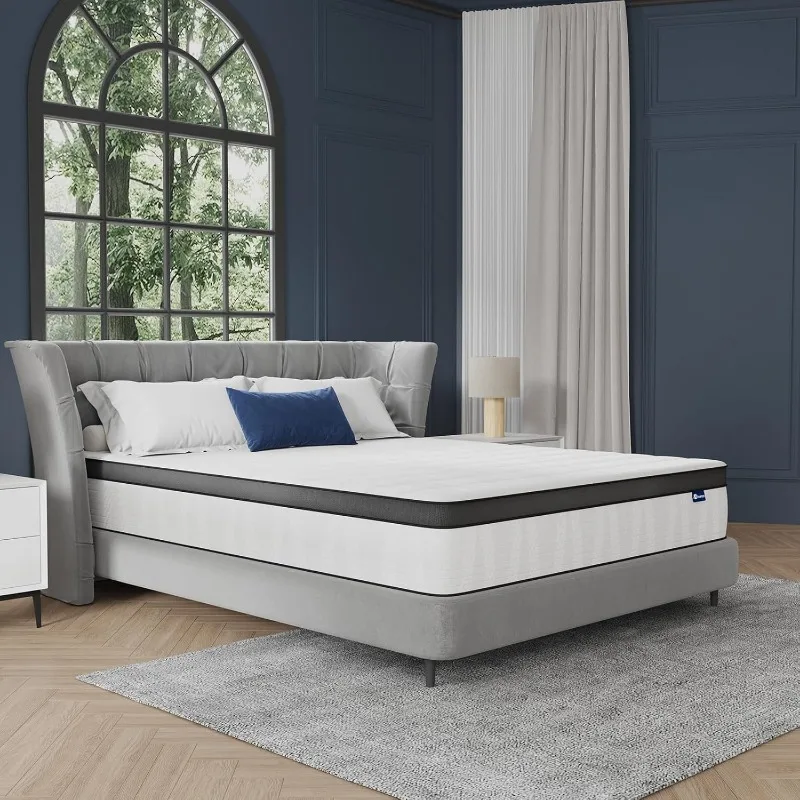 12 Inch Mattress, Hybrid Mattress in A Box with Independent Spring, Soft and Comfort Medium Firm Queen Size Mattress