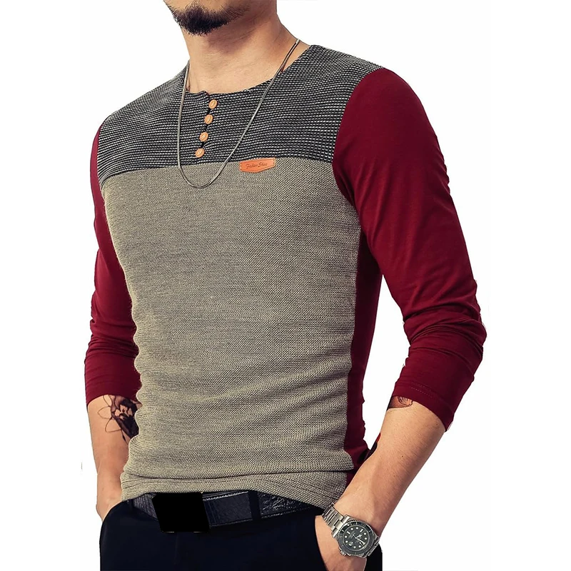 Men\'s Slim Fitted Casual Long Sleeve Button T-Shirts Contrast Color Stitching Top Tees