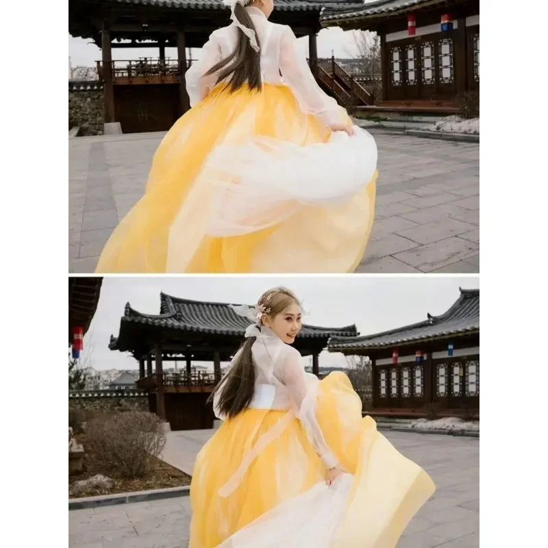 Yellow Hanbok Women Summer New Gauze Dress Traditional Clothing Court Korean Wedding Dress Asia Pacific Islands Clothing 한복.