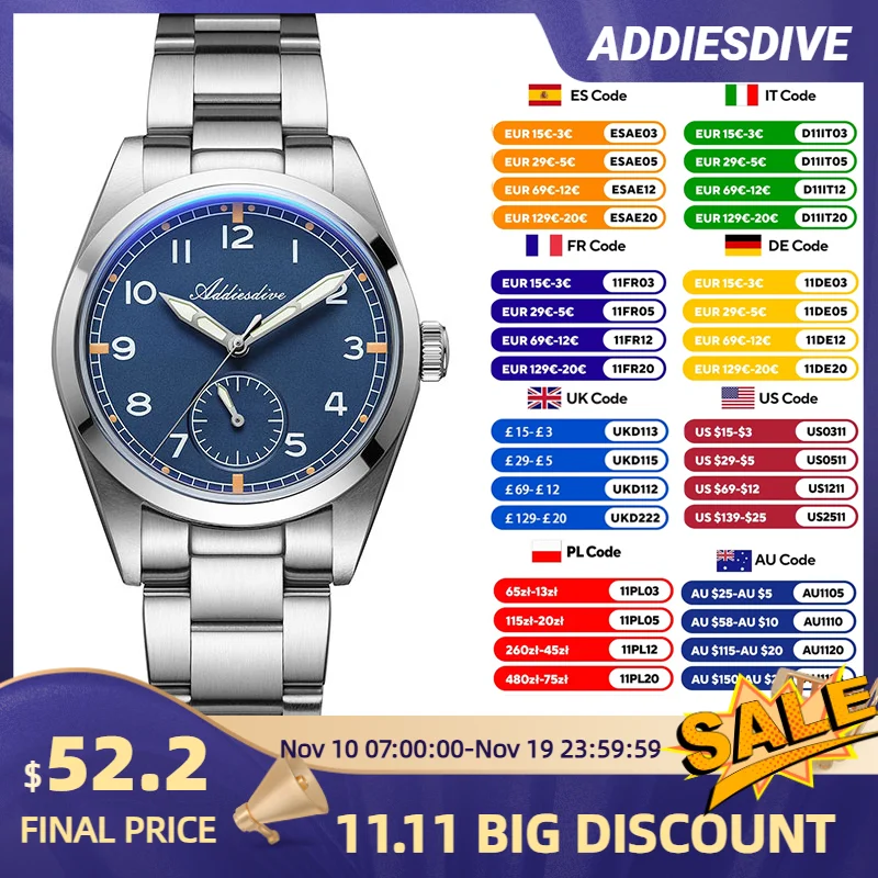 ADDIESDIVE Vintage ควอตซ์นาฬิกา VH60 การเคลื่อนไหว 316L เหล็ก BGW9 C3 Super Luminous 24H Sub-dial 100M กันน้ําการออกแบบ AD2099