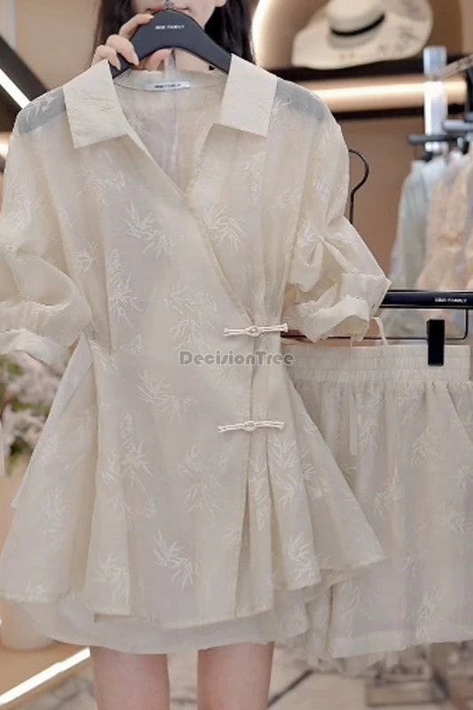 2026 summer chinese improved traditional style 2piece tang suit set short sleeve shirt and short pants set women daily loose set