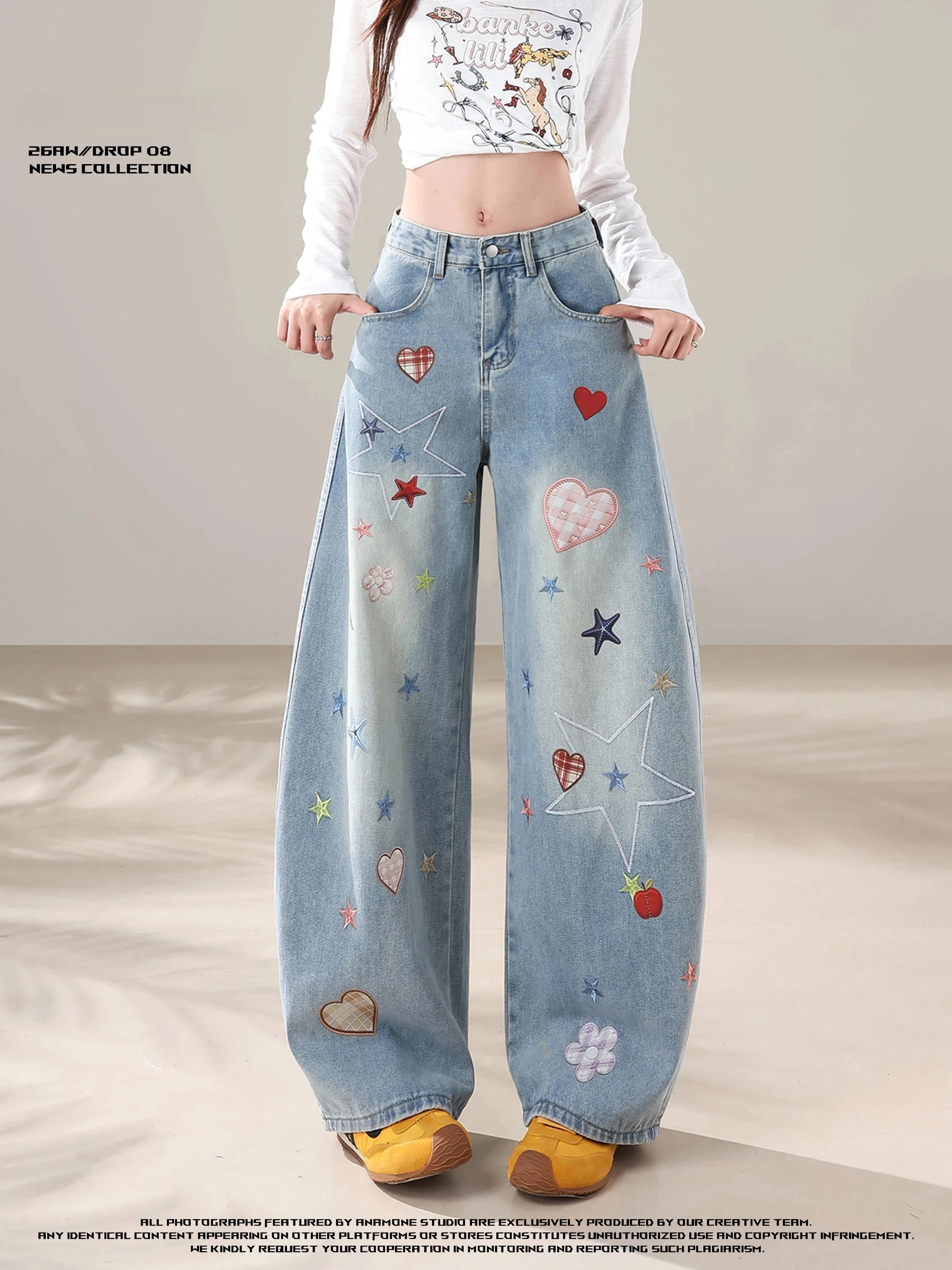 ANAMONE American Style Star Embroidery Wide Leg Jeans Women's 2026 Autumn Cool Sweet High Street Design Sense Knife 