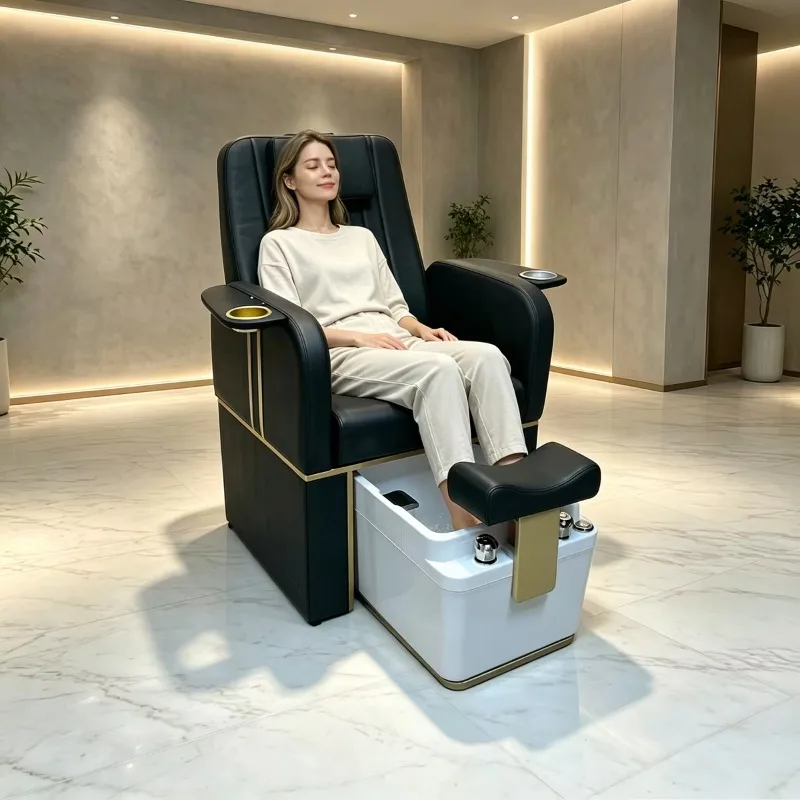 Luxury Pedicure Chair With Built-in Foot Spa Tub, PU Leather Salon Foot Massage Chair Dual Cup Holders For Nail Beauty