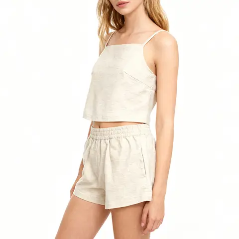 Casual Cotton Linen Tops And Shorts Two Piece Set For Women New Sleeveless Cropped Top Elastic Waist Pocketed Shorts Summer Suit