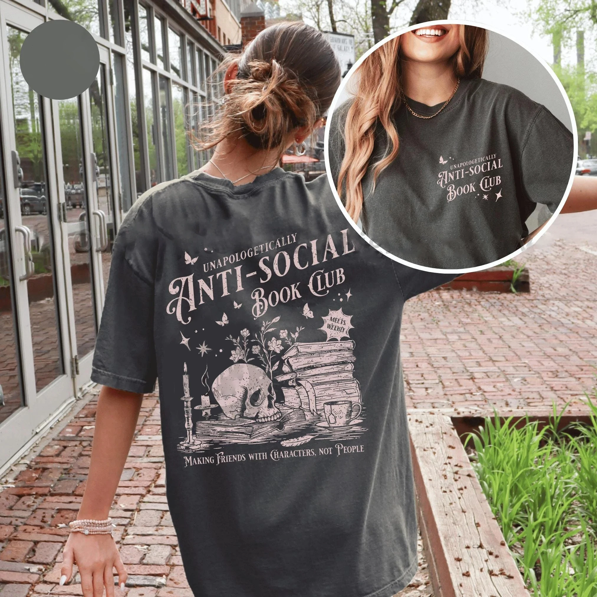 Vintage Anti-social Book Club 2 Sided Comfort T-Shirt for Introverted Romance Reader Distressed Tee Trendy Casual Streetwear