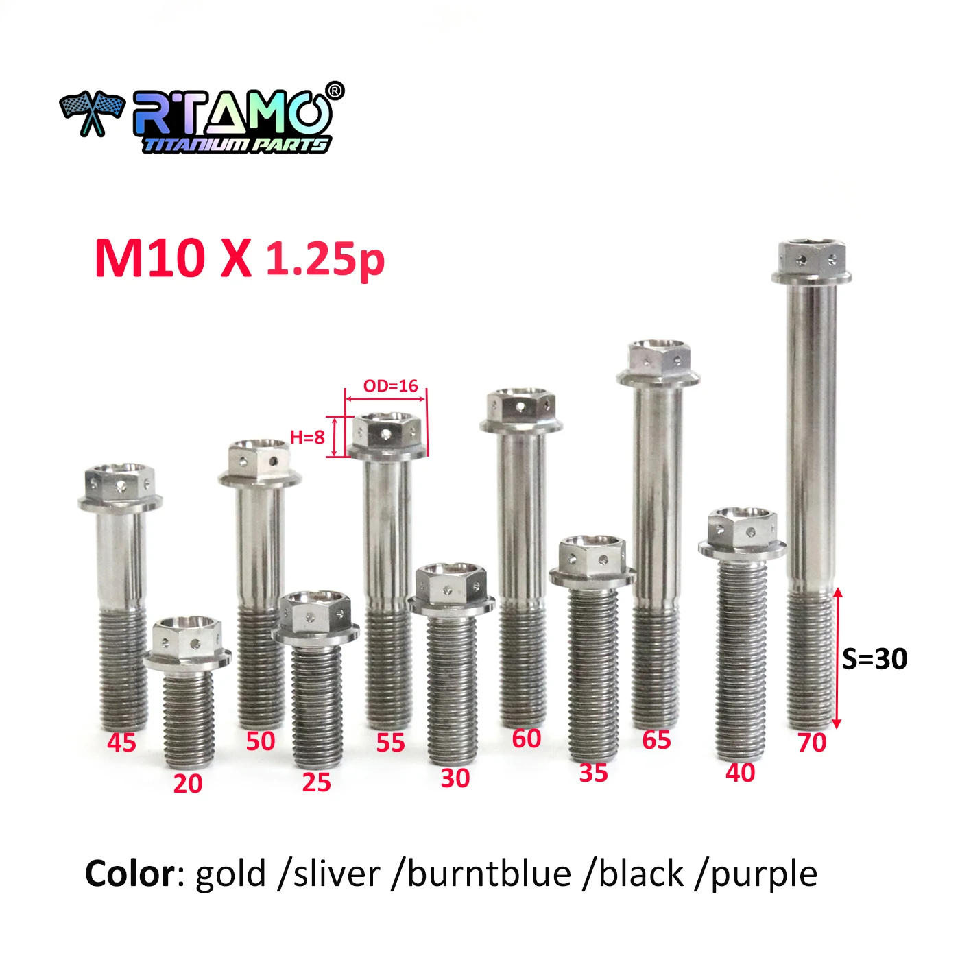RTAMO Titanium Alloy Bolt M10x20-100mm 1.25Pitch Flange Hex Head Fasteners for Motorcycle Caliper Car Bike Modified