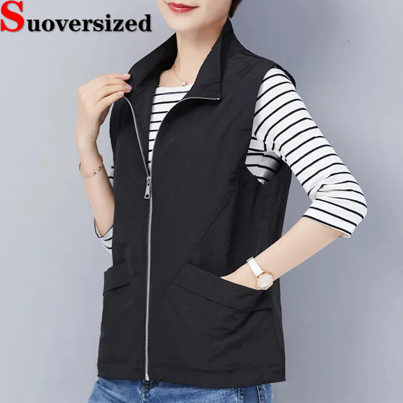 Black Casual Lightweight Vest 2024 Loose Sun Protection Waistcoat Lapel Short Sleeveless Jackets Solid Color Women\'s New Chaleco