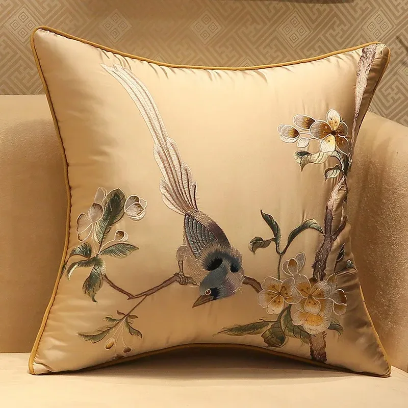 Everbright Store New Chinese Throw Pillow Cushion Sofa Seat Cushion Back Cushion Embroidery Bedside Pillow Waist Rest