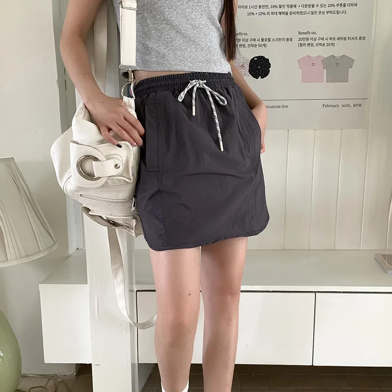 American Workwear A-line Skirt Girl Casual Versatile Summer Elastic Waist Parachute Skirts Urban Relaxation Quick Drying Vintage