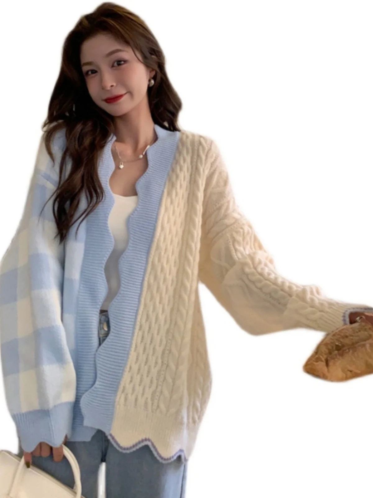 Blue Spliced Color Cardigan Sweater For Women Autumn Winter Knitted  Sweet Top Japanese Style Female Pink Mid-Length Wear Coat