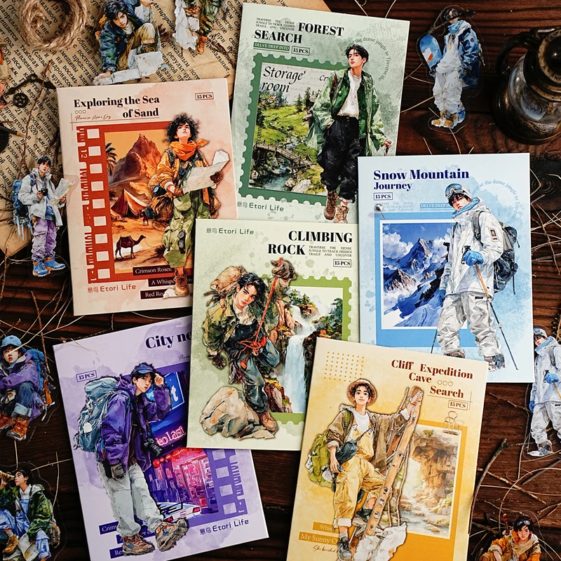 15pcs Adventure Journey Series Vintage Character Mountain Landscape Material Collage PET Sticker Creative Journal Stationery