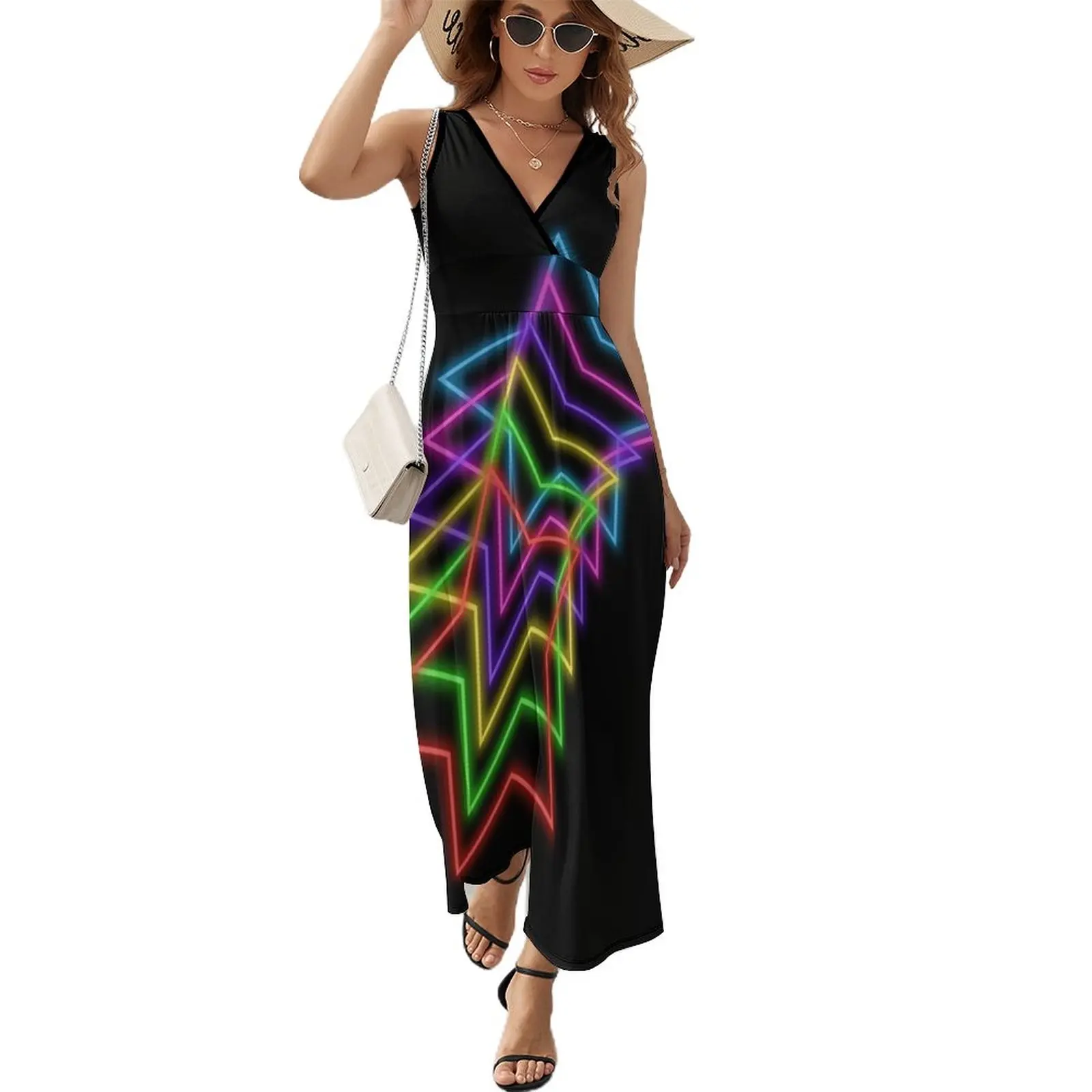 

1980s Rainbow Neon Glowing Stars, Single Image Version Sleeveless Dress long dress women evening dress