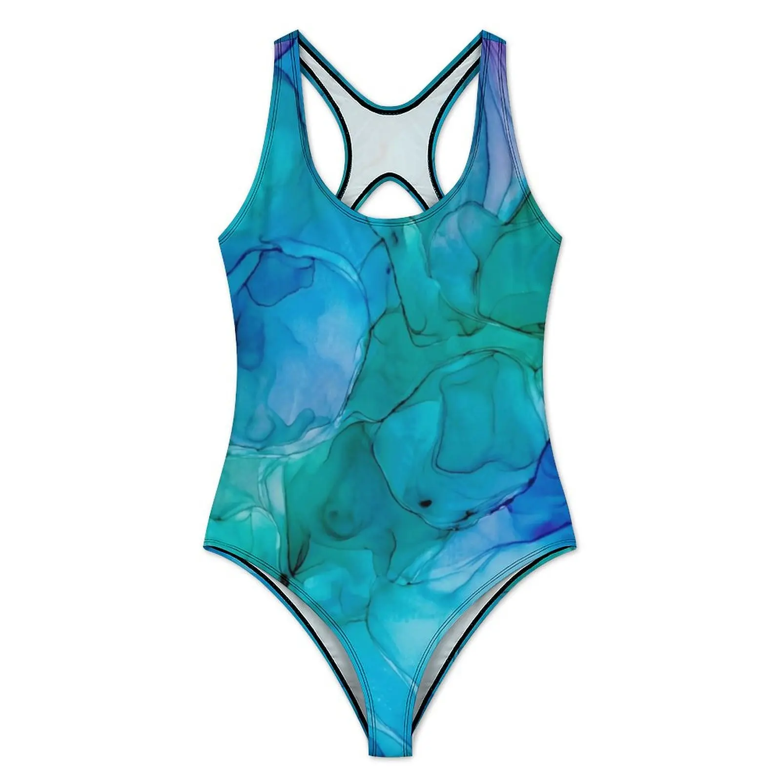 Green Liquid Print Swimsuit Sexy Abstract Alcohol Ink One Piece Swimwear Push Up Bodysuit Retro Sport Monokini