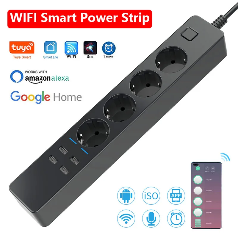 

Умная Wi-Fi розетка с 4 AC-розетками + 4 USB-портами, таймером, управлением через приложение и голосовым управлением, многофункциональная розетка для европейских стандартов