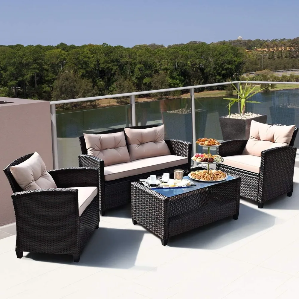 

4 Piece Wicker Patio Furniture Set, PE Rattan Outdoor Conversation Sets with Loveseat, Chairs & Coffee Table