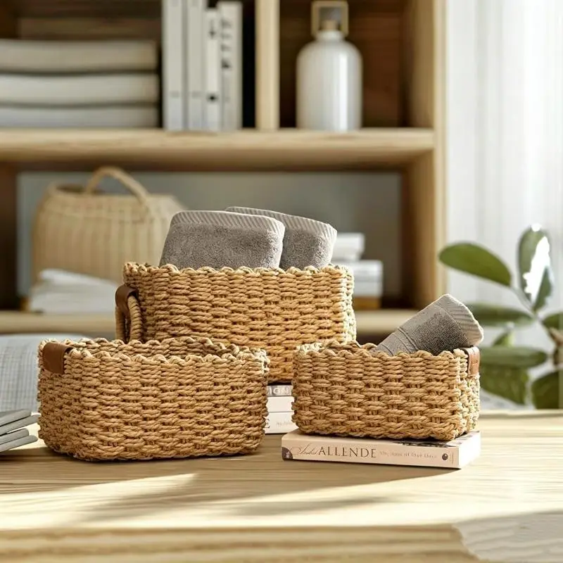Paper Rope Storage Basket with Handle Stackable Dust-Proof Small Size for Office Desktop Stationery Organization Daily Gift