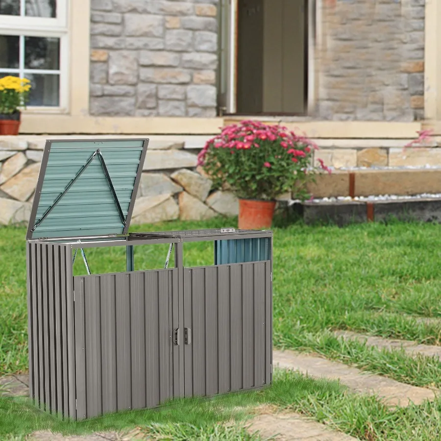 

Garbage Bin Shed Stores 2 Trash Cans Metal Outdoor Bin Shed for Garbage Storage Stainless Galvanized Steel Bin Shed for Garden