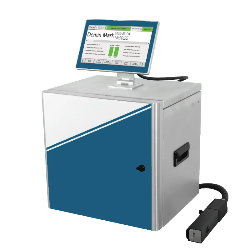 Demin S1000 automatic inkjet coding machine for small character date and batch number on packaging bags and bottles.