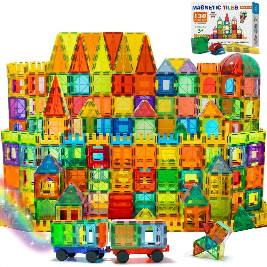 

EchoPlan Magnetic Tiles 130PCS Magnetic Blocks with 2 Cars Magnet Tiles 3D Clear Building Blocks Set STEM Sensory Educational T