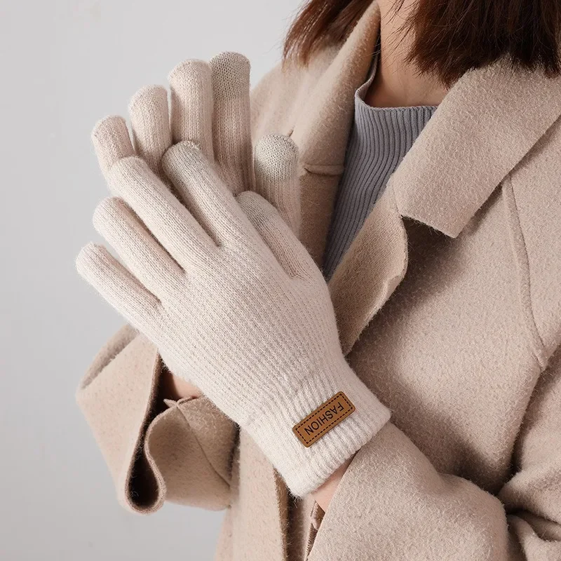 Winter Warm Knitted Full Finger Gloves Women Imitation Cashmere Thick Plush Touchscreen Mittens Outdoor Cycling Driving Gloves