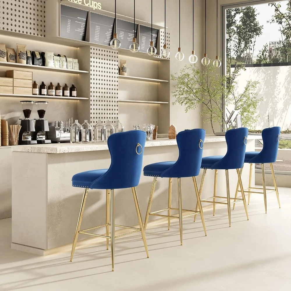 バースツール4脚セット、ベルベットカウンター高さバースツール、メタル脚、ボタンタフテッドとネイルヘッドトリム、ウィングバックバーチェア