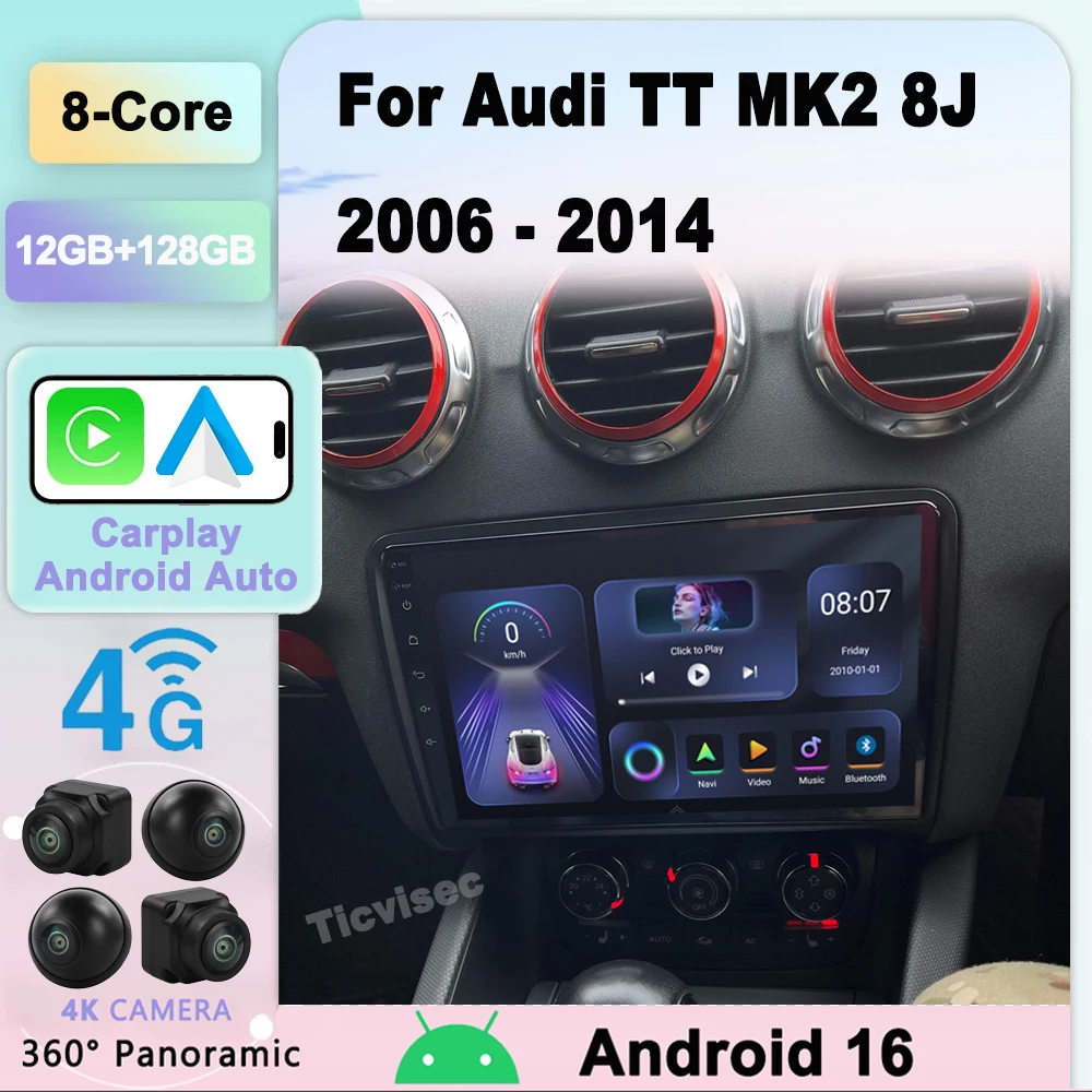 

Carplay+Auto Android 16 Car Radio GPS For Audi TT MK2 8J 2006-2014 Car Multimedia Player WIFI Autoradio 4G LTE 2 Din