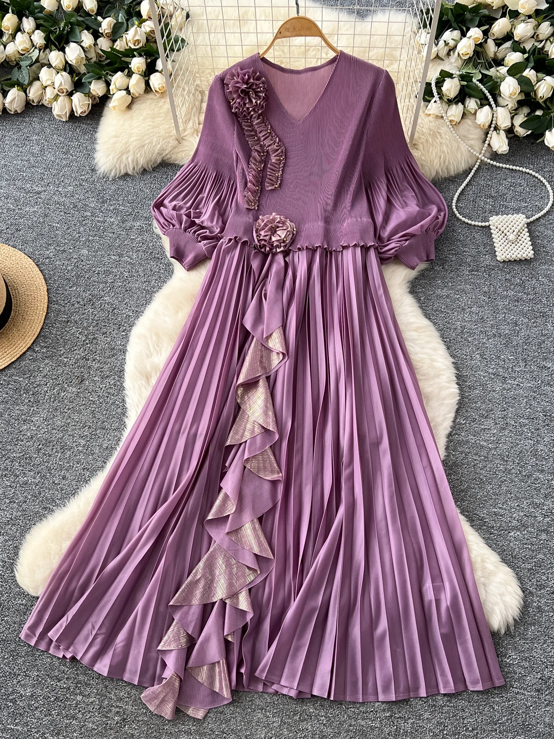 Ele Long Dr Falda acampanada de fibra de poliéster para mujer, diseño holgado, Faion Floral, cintura alta, coreana, para ir al trabajo