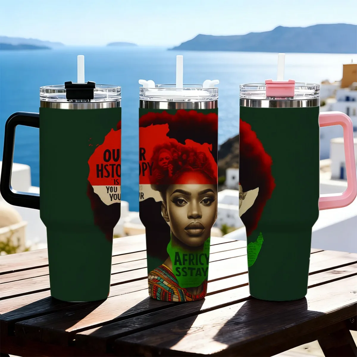 African Woman Africa Map Vintage Text Print 40oz Insulated Tumbler Stainless Steel Travel Cup With Color Handle Straw Lid