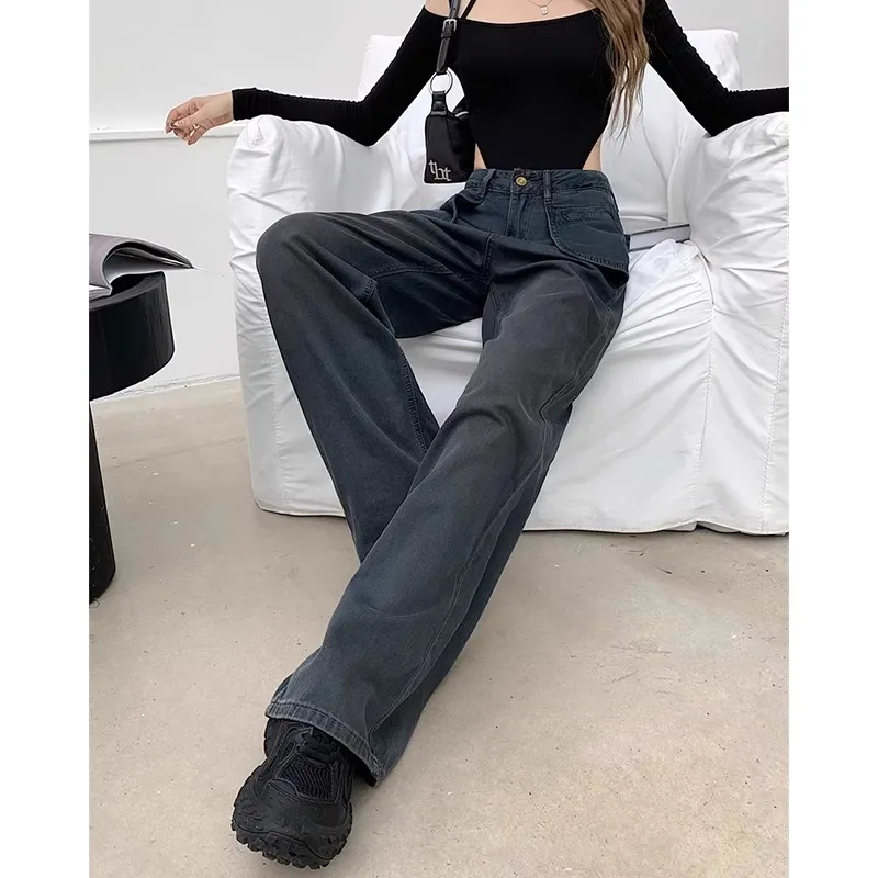 Vaqueros de pierna ancha para mujer primavera 2025, nuevos pantalones holgados de cintura alta a la moda, pantalones de pierna recta de suelo pesado