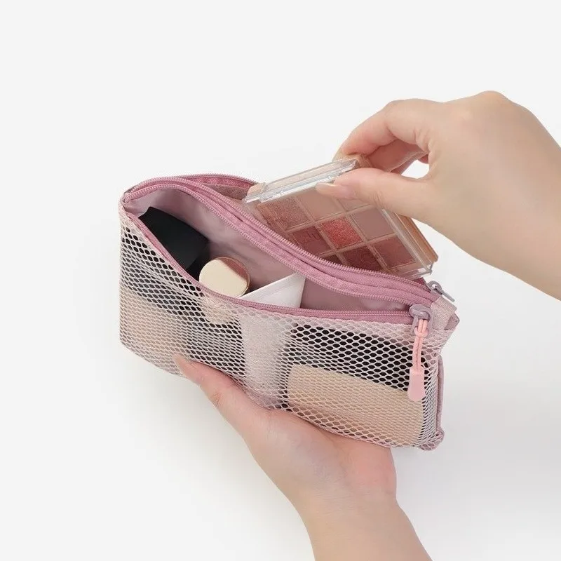 Multi-Functional Solid Color Underwear Storage Bag with Transparent Mesh Pockets Portable Double-Layer Makeup Pouch