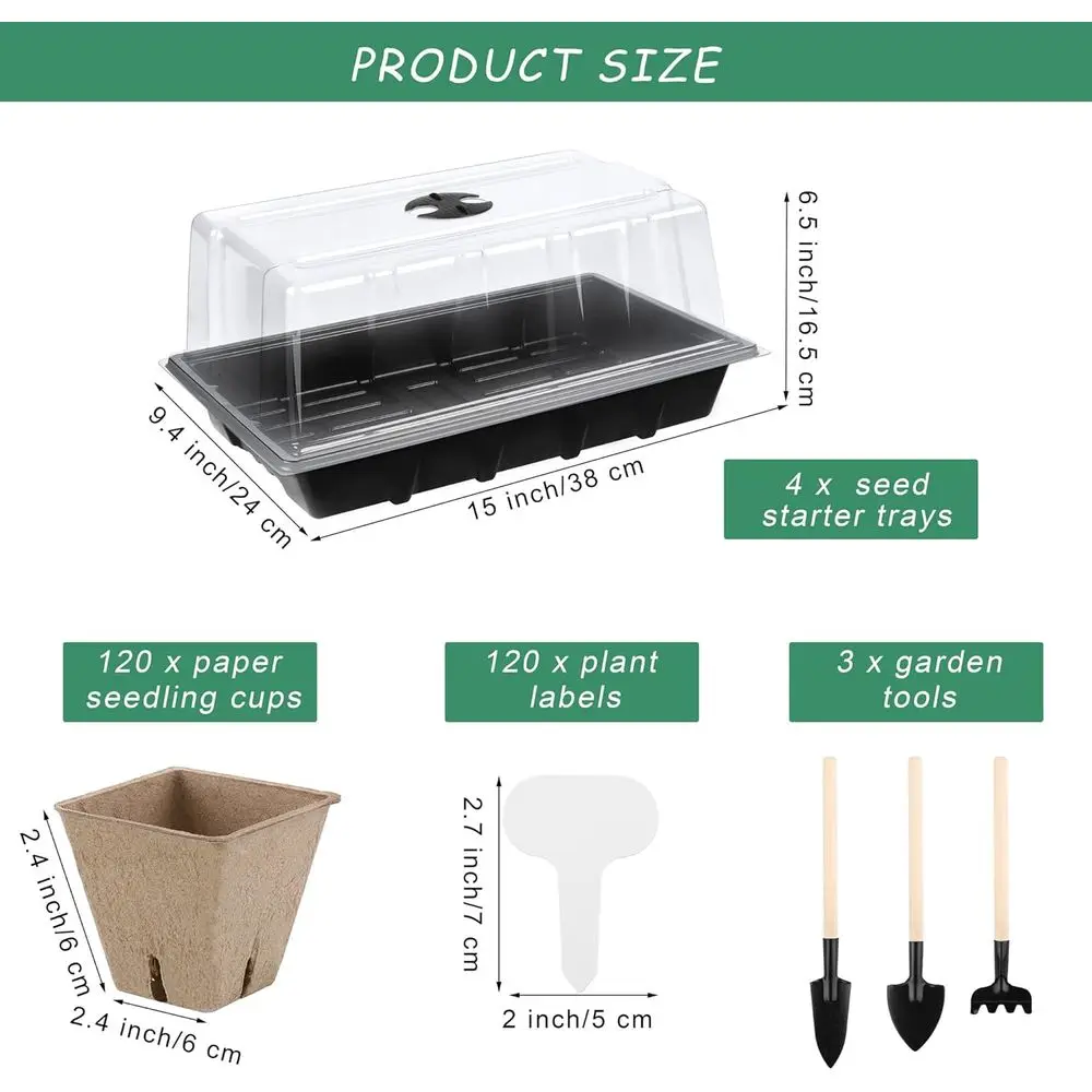 4 Pack Seed Starter Tray Kit, 120 Square Peat Pots with Labels, Planting Tools, Plastic Germination Trays for Indoor Outdoor Gar