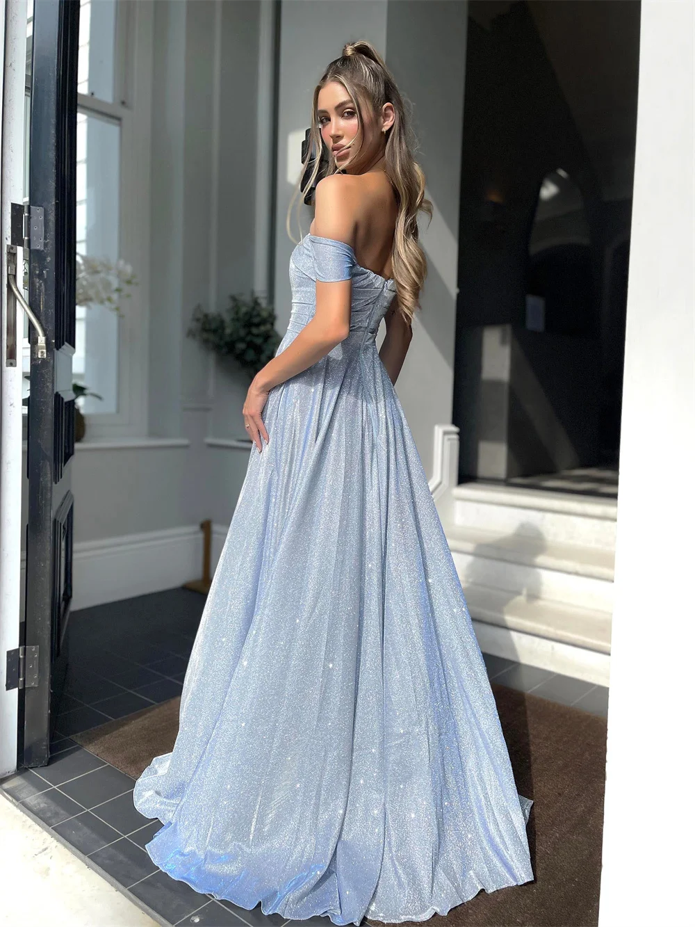 Off-the-shoulder Sweetheart Sparkly Prom Dresses With Split Corset Backless Formal Evening Gown A-line Long Ball Gowns for Women