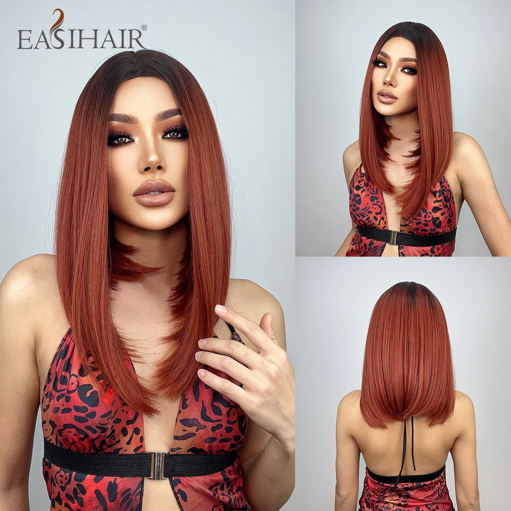 EASIHAIR Medium Length Synthetic Wigs for Women Wine Red Ombre Wigs Middle Part Cosplay Wigs Shoulder Length Heat Resistant Wig