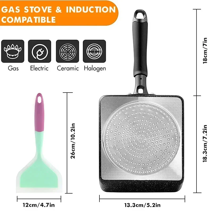 Japanese Omelette Pan / Tamagoyaki Pan, Non-stick Rectangle Egg Frying Pan - Optional Lid & Spatula - Aluminum Alloy