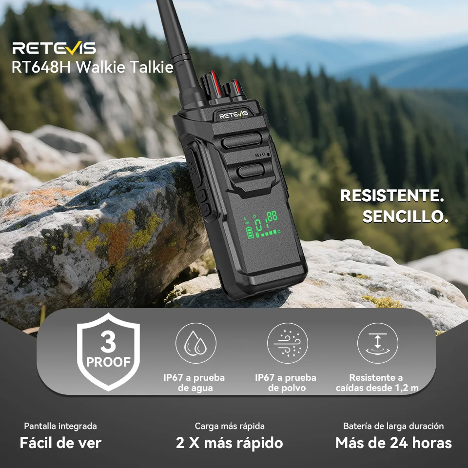 Retevis RT648H Walkie talkie resistente al agua IP67 PMR FRS pantalla oculta radio bidireccional duradera carga rápida VOX para almacén