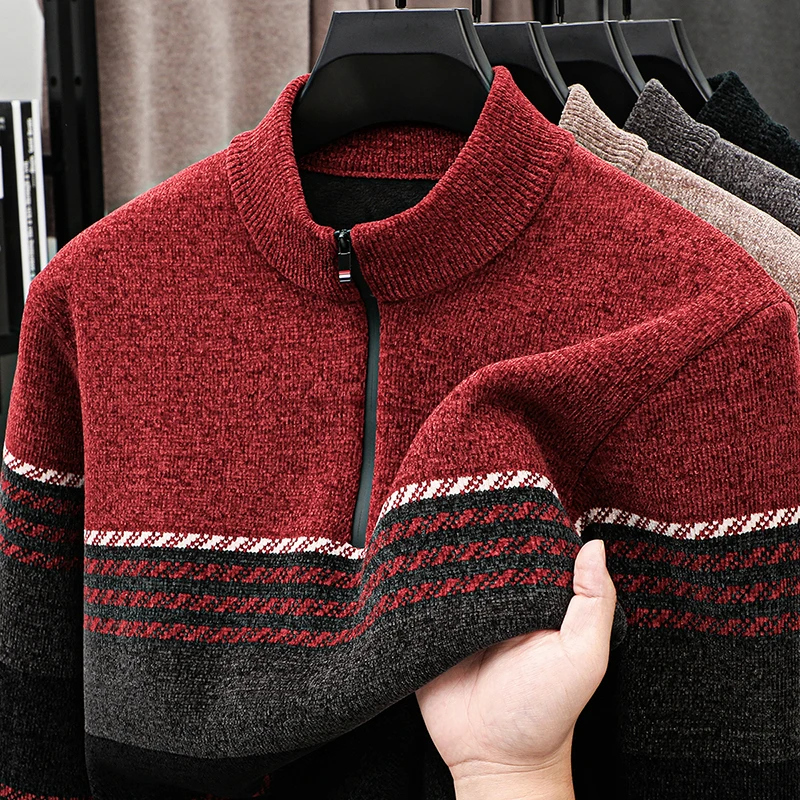 Luxury Man Long-Sleeved Knitwear Mock Neck Zipper Fleece-Lined Thickened Warm Stripe Autumn Winter New Pullover Leisure MensWear
