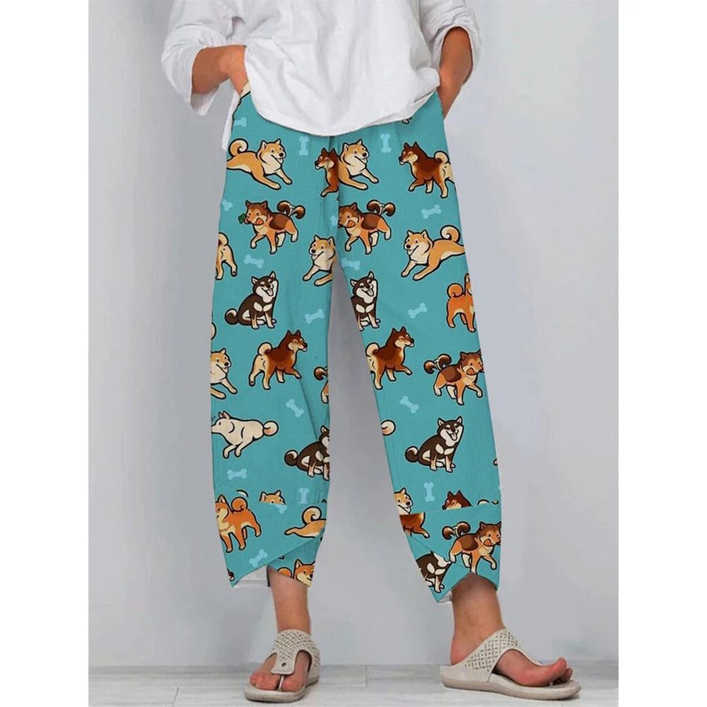 CLOOCL Loose Pants Women All-match Trousers Bat Cat Ghost Pumpkin Print Ankle-length Elastic Waist Pants with Pockets Slacks