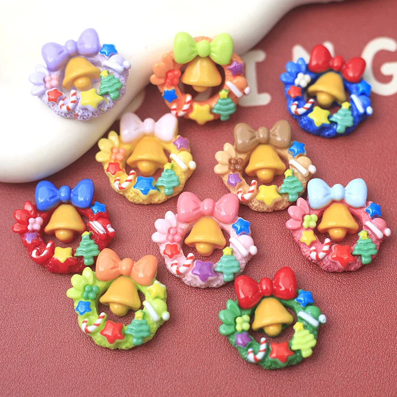 10 Pcs New Mini Cute Bright Surface Cartoon Christmas Bell Wreath Resin Clip Book DIY Jewelry Hairpin Headrope Decoration Craft