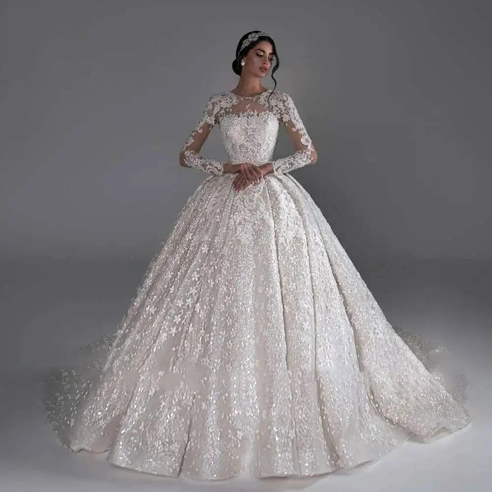 

Gown Royal Ball Wedding Dresses O-Neck Long Sleeve Lace Appliques Dress Tailor Made High Quality Women Clothing