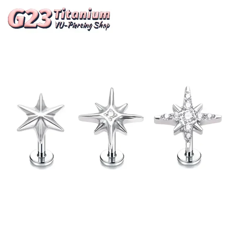 ASTM F136 Titanium 16G Internal Thread Sparkling CZ North Star Stud Earring Labret Cartilage Tragus Helix Conch Lobe Piercing