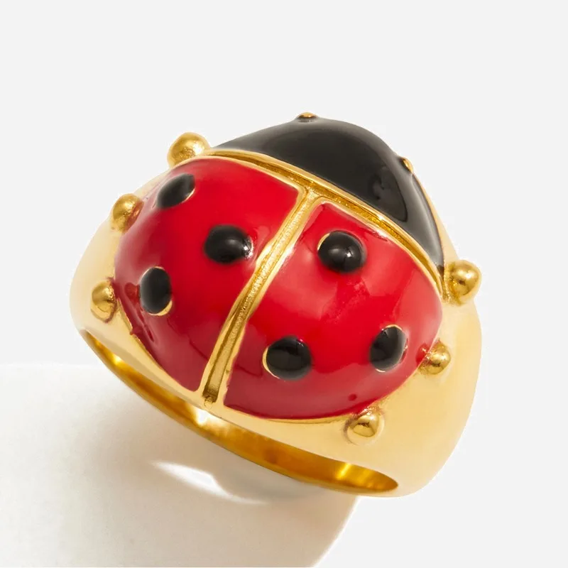 

Minar Creative Black Red Enamel Ladybug Chunky Geometric Adjustable Cocktail Ring for Women 18K Gold PVD Plated Stainless Steel