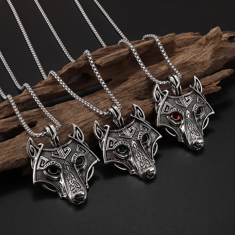 Stainless Steel Men\\'s Necklace Fashion Celtic Wolf Head Pendant Retro Punk Jewelry Gift