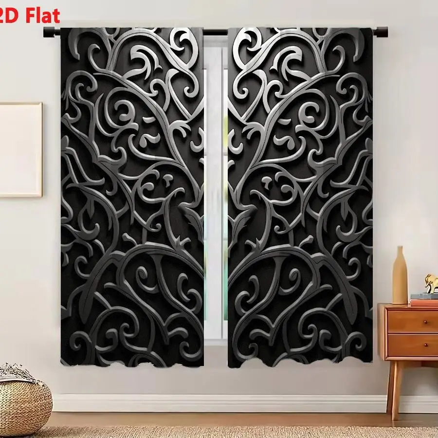 2Pcs Curtains Add 2D Flat Ornate Monochromatic Scrollwork Floral Motif Wrought Iron Carved Relief Elegant Gothic Baroque Aesthet