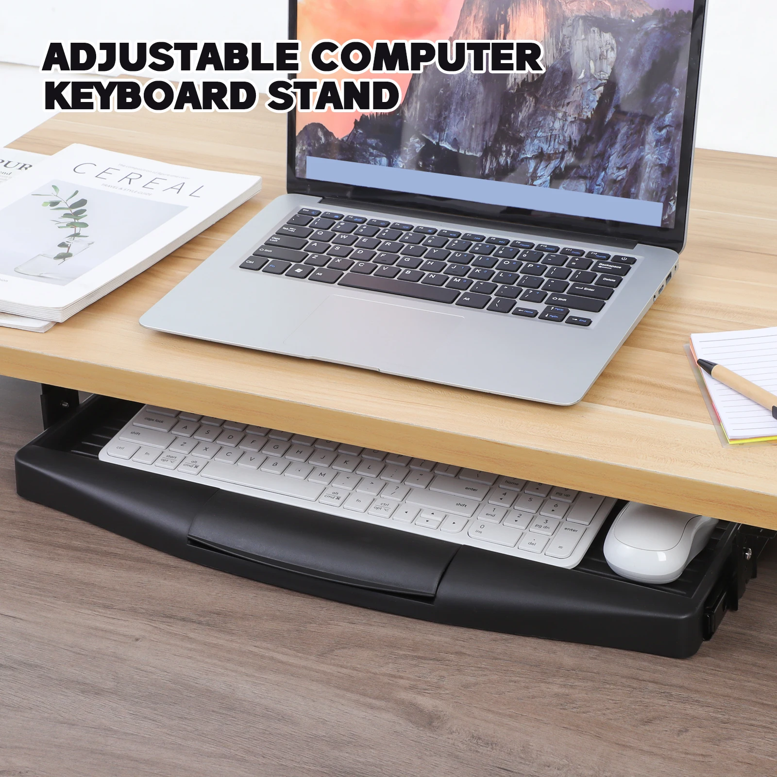 Dudukan Keyboard Komputer Pelat Penyimpanan Baki Tipe Laci Dapat Disesuaikan Desain Ergonomis Platform Mouse Hemat Ruang Praktis