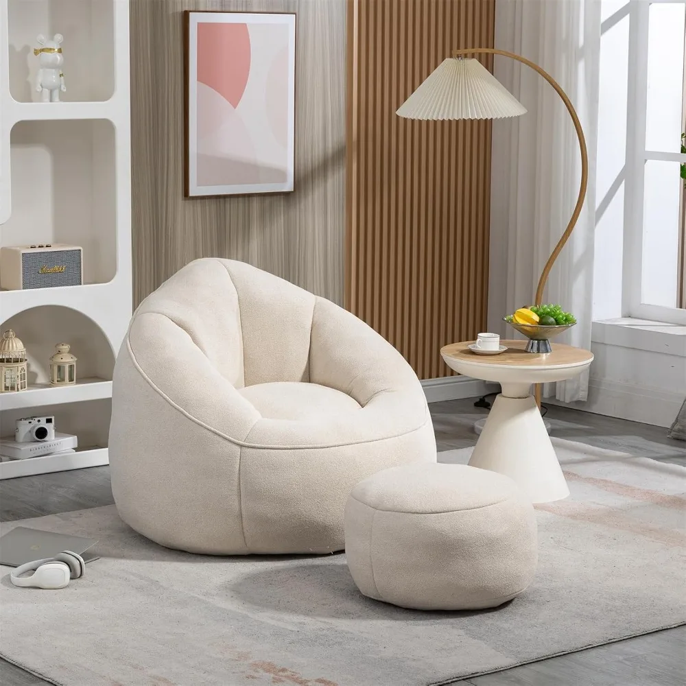 Outdoor Zitzak Stoel Met Poef, Luie Bank Met Gewatteerd Schuim, Gecomprimeerde Zitzak, Beige Zitzak Bed Met Vulling