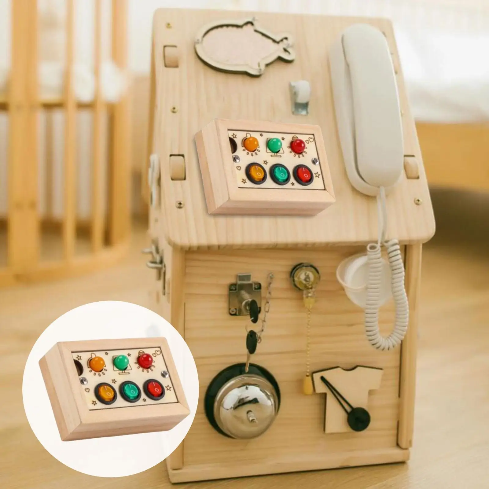 Lights Buttons Busy Board Teaching Aid Wood Control Panel Montessori Toys for Boys Girls Wooden Toys Kids Preschool Activities