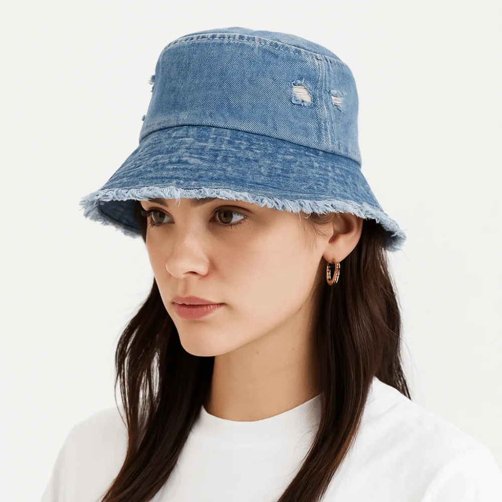 

Korean Style Denim Bucket Hat Washed Denim Frayed Edge Sun Protection Hat Small Face Effect Large Brim Fishermen Caps Outdoor