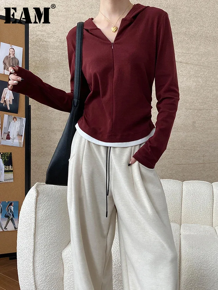 [EAM] Women Wine Red Gray Color-block Pleated Zipper Slim T-shirt New Hooded Long Sleeve Fashion Tide Spring Autumn 2024 1DH7888